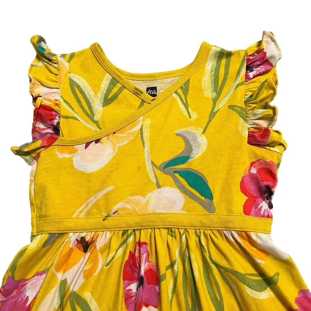 Tea Collection Sz 7 Yellow Hibiscus Flower Wrap Neck Dress